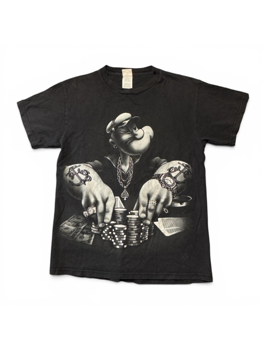 Y2k Popeye Hood Gangster Bling Delta Graphic T-Shirt Black Size M
